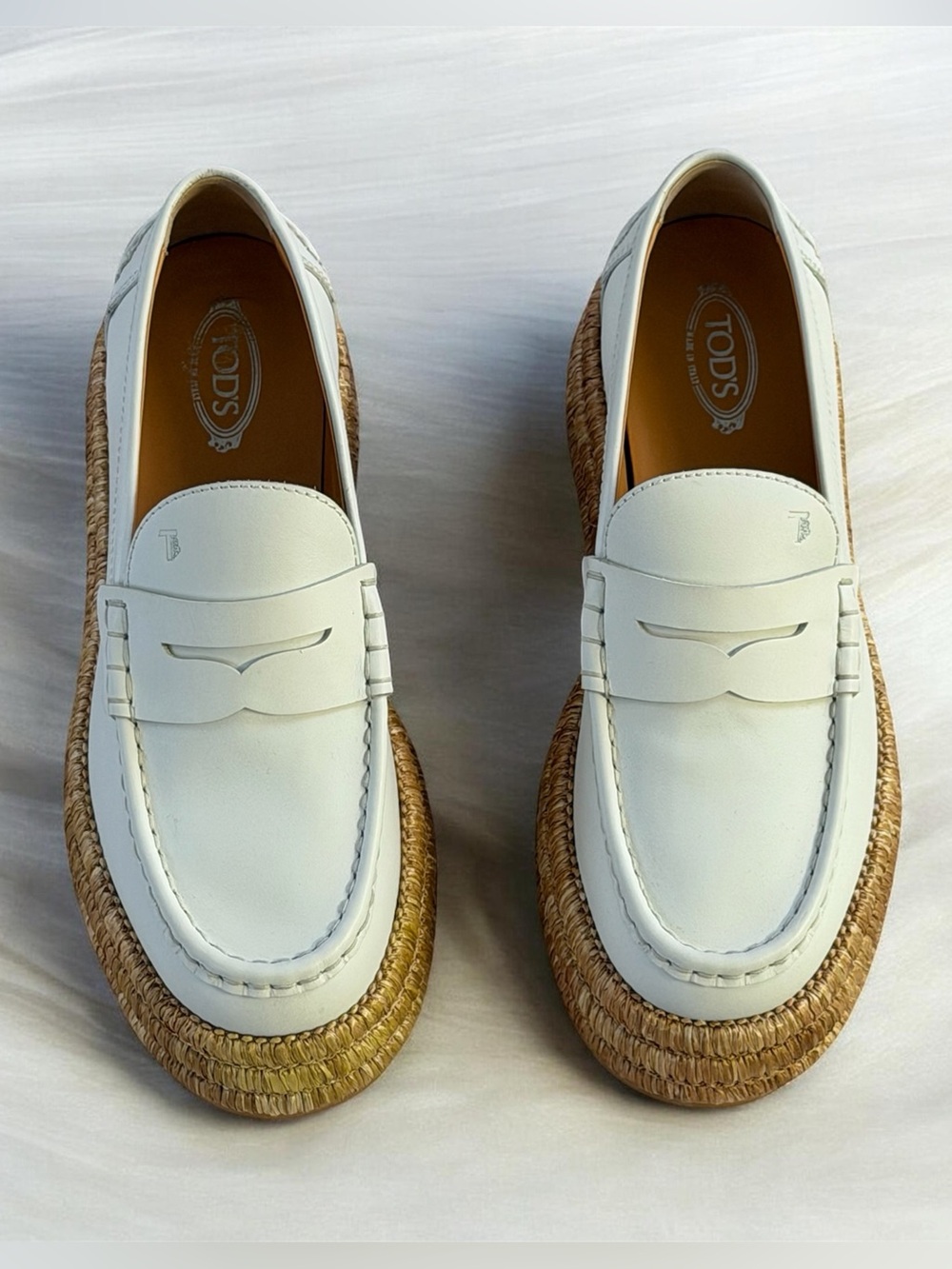 🍀🌼🍀 TOD’S Leather and raffia platform loafers size 7 US/ 37 European - Picture 8 of 16